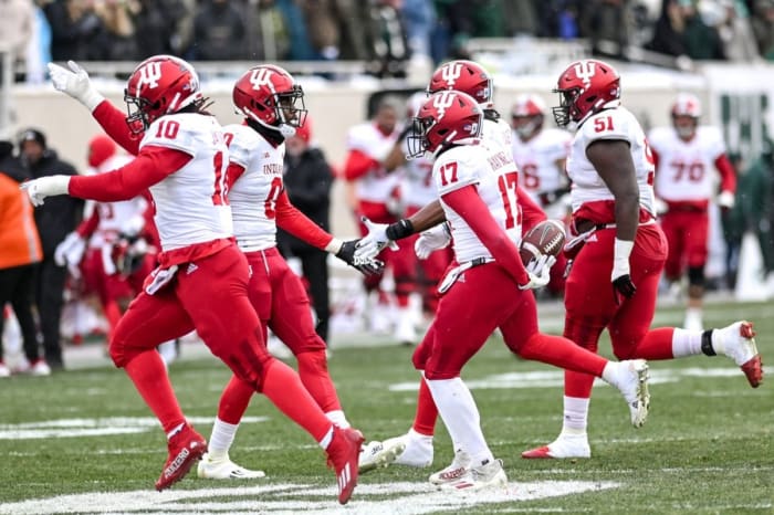 Indiana's Jonathan Haynes (17) celebrates with teammates after intercepting a Michigan Sate pass during the third quarter on Saturday, Nov. 19, 2022, at Spartan Stadium in East Lansing.
